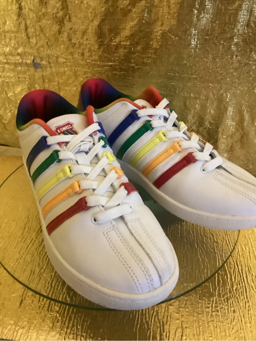 K-Swiss Men's White Sneakers with Rainbow Stripe Accents